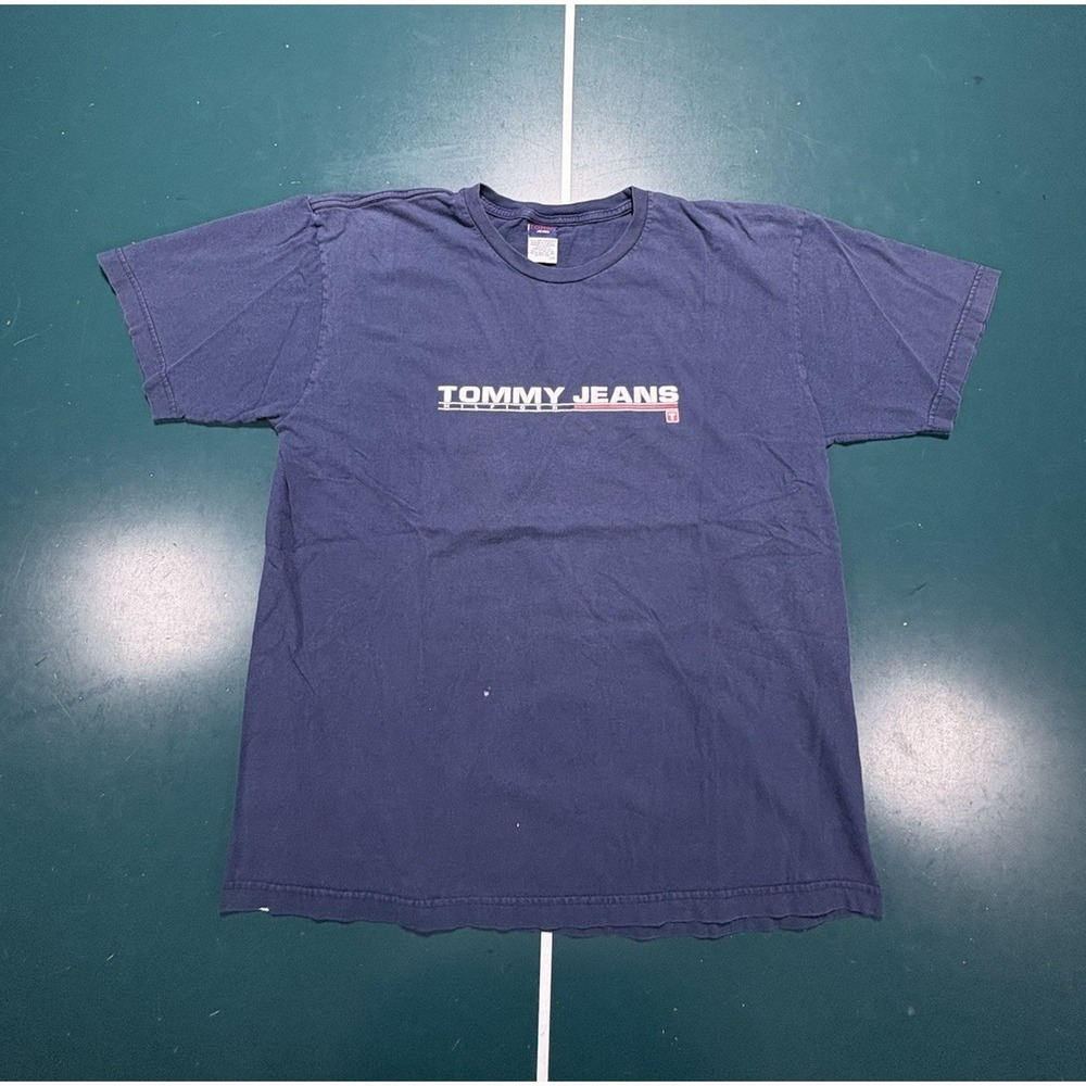 Vintage 90s Tommy Hilfiger Jeans T Shirt Men's Large Beautifully Faded Navy Blue